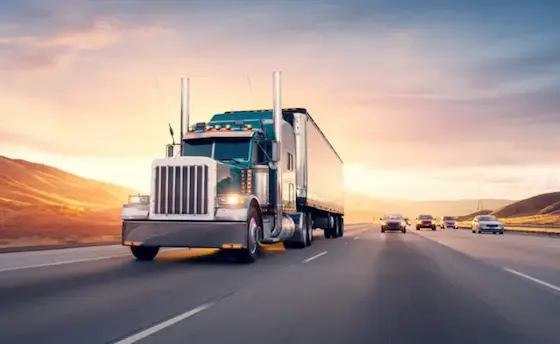 a semi truck driving down a highway at sunset