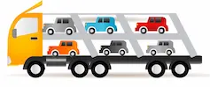 A truck loaded with several cars for transportation.