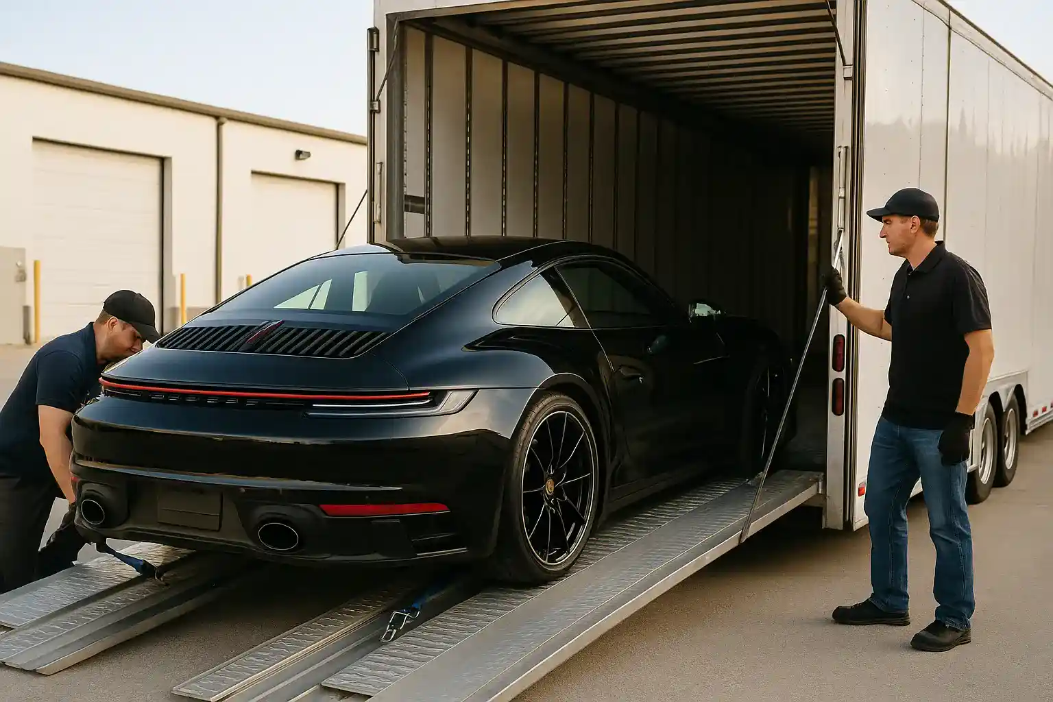 car_shipping_experts_loading_a_luxury_car_inside_enclosed_carrier