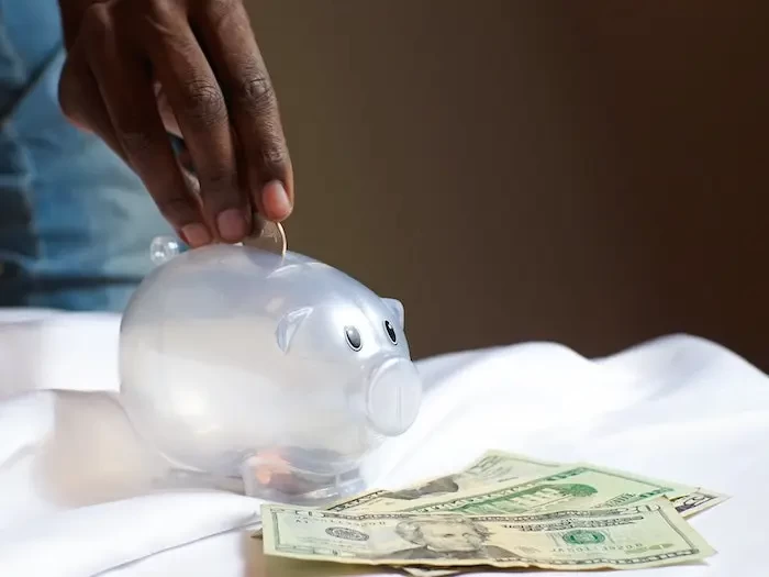  person putting coin in a piggy bank small