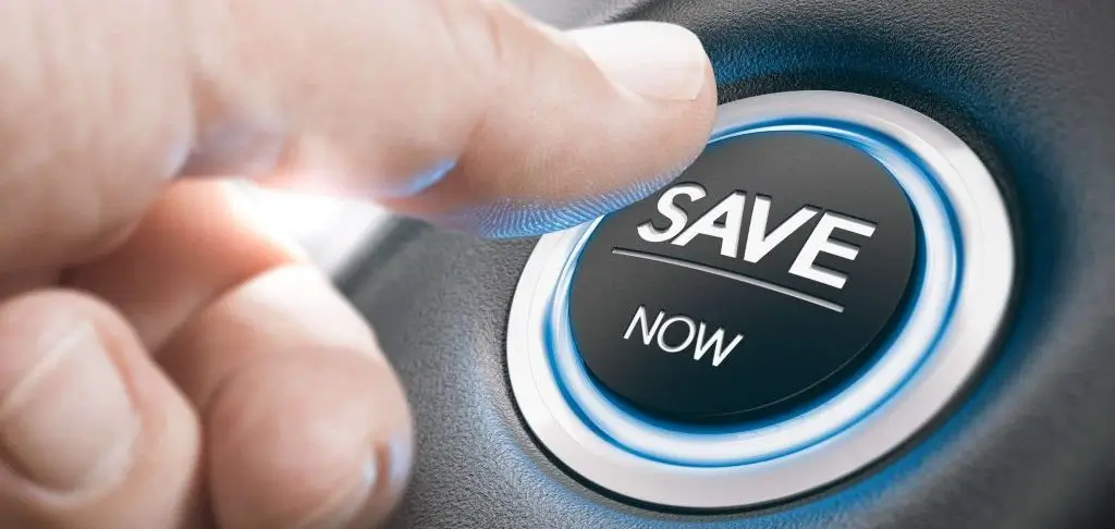 close-up of a finger pressing a button that says SAVE NOW in large white letters