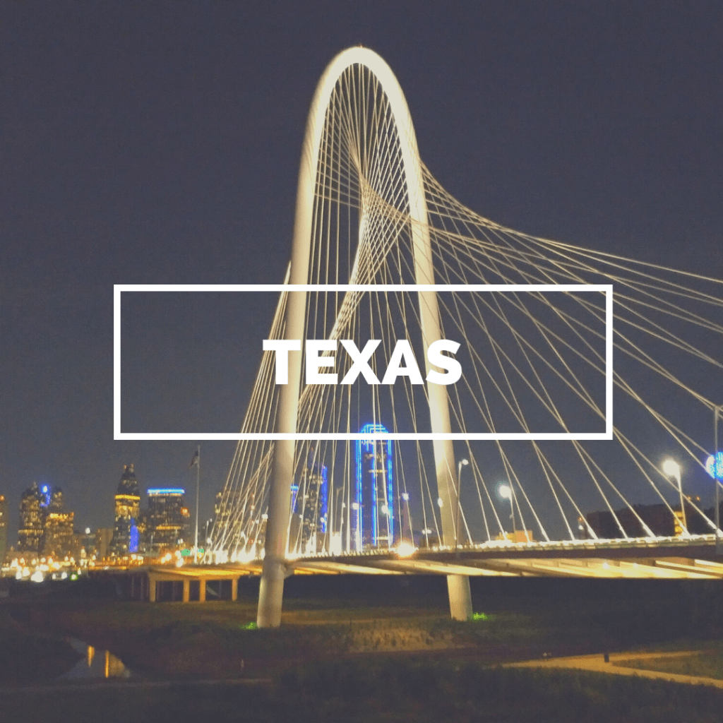 A photo with the iconic Margaret Hunt Hill Bridge in the background and the word Texas prominently featured in the middle