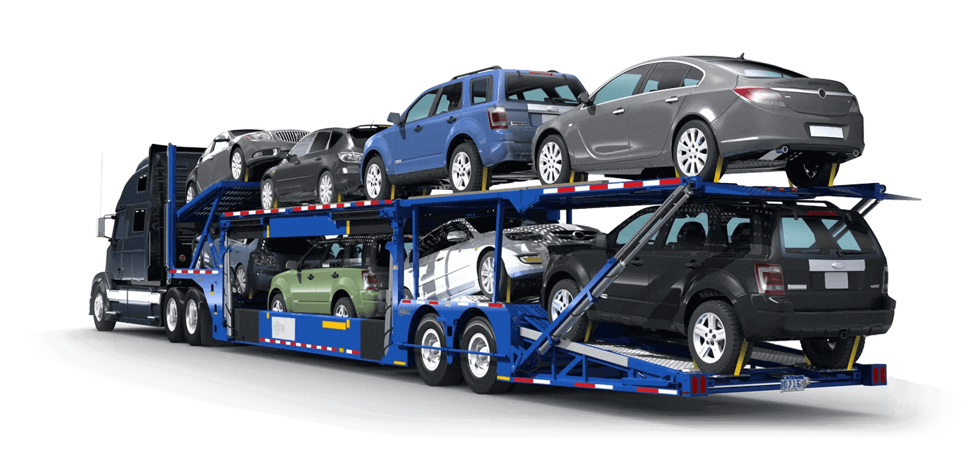 A car transport truck carrying cars on its back.
