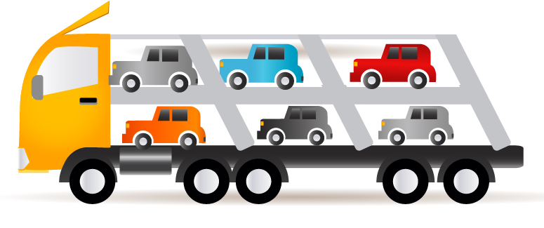 A truck loaded with several cars for transportation.