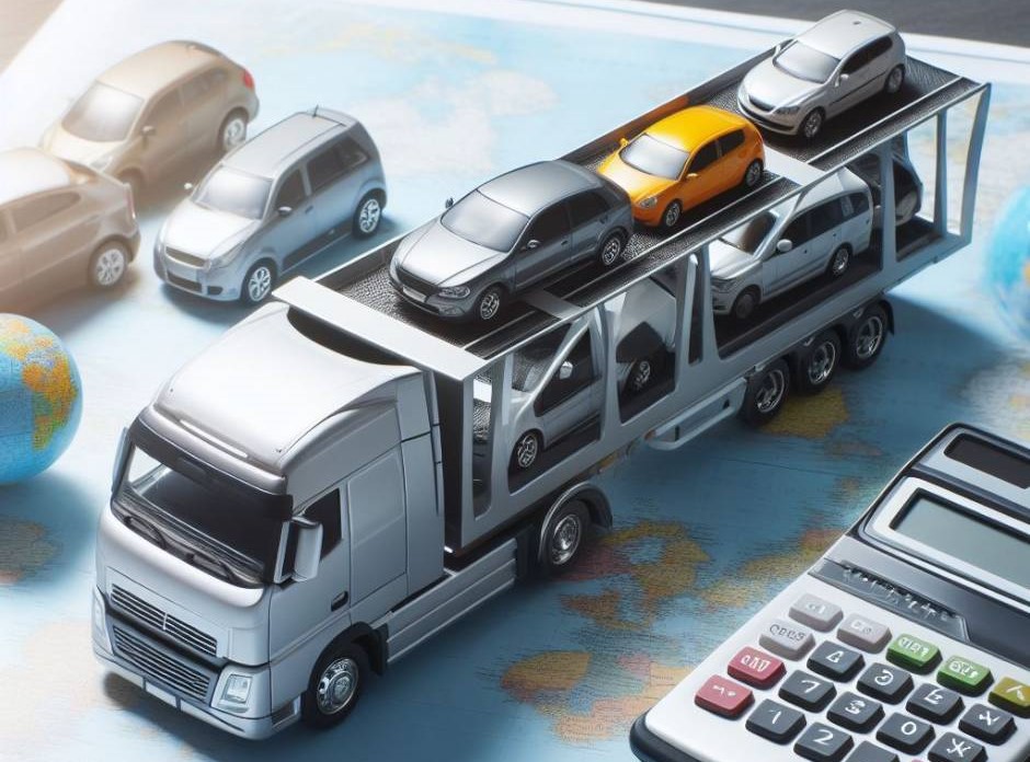 A toy car carrier truck is loaded with several cars on top of a map