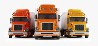 Three orange and white semi trucks parked in a row.