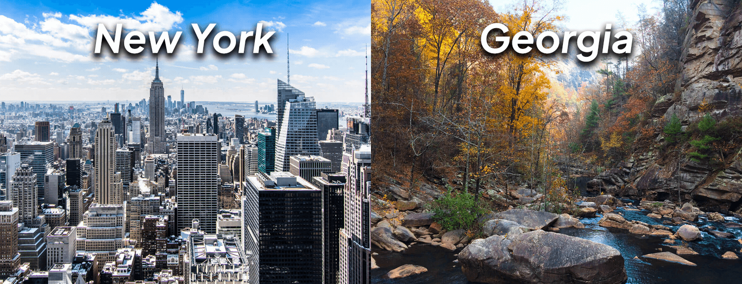 The image is divided into two sections. The left side shows an aerial view of a New York City skyline with the words New York written in the center. The second image shows a natural landscape with a fast-moving river surrounded by green trees. Text next to it says Georgia.
