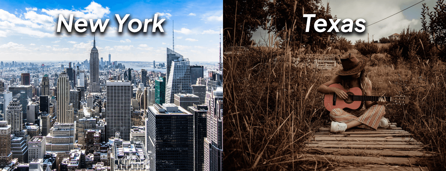 The is divided into two sections. The left image shows the skyline of a city in New York with the word New York written in the middle of it.  The right image shows a person wearing a cowboy hat, sitting and playing the guitar in the middle of a field.