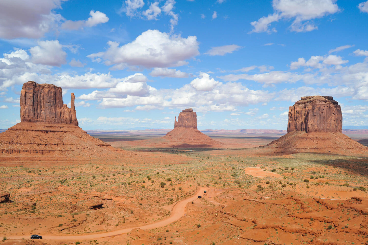 Panoramic view of a desert landscape featuring two mesas, Monument Valley, in the distance, with a winding dirt road in the foreground