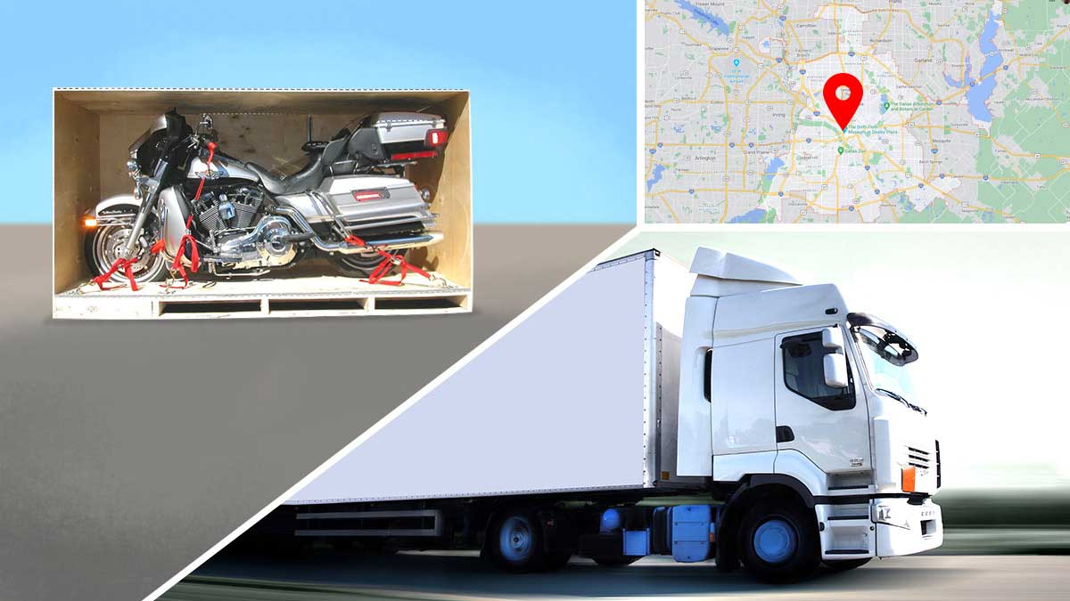 The image is divided into three sections: the first one shows a motorcycle, the second one a map, and the third one a picture of a semi-truck.